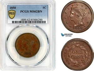AK892, United States, Liberty Head Cent 1850, Philadelphia Mint, PCGS MS62BN - Picture 1 of 1