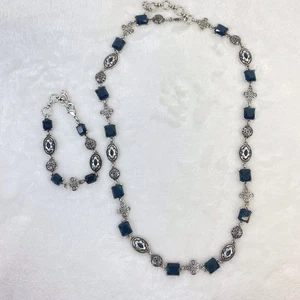 Juego de collar y pulsera Lucky Brand piedra semipreciosa azul oscuro tono plata - Imagen 1 de 9