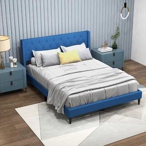 Upholstered Platform Bed with Button Tufted Wingback Headboard Queen Size Blue - Picture 1 of 7