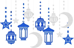 Blue-Silver Ramadan Star-Moon Party-Decorations Garland - 12Pcs Twinkle Little S - Picture 1 of 12