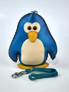 Handmade Blue Penguin Leather Wallet Wristlet Coin Purse Card Holder with Strap - Picture 1 of 8