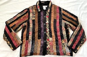 Vintage 90s Velour Tapestry Satin Patchwork Jacket Sequins Ethnic Boho XL Hippie - Picture 1 of 12