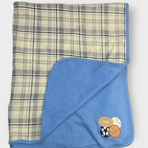 Gymboree? Boys Receiving Blanket Blue Cream Plaid Embroidered Sports Balls VTG - Picture 1 of 7