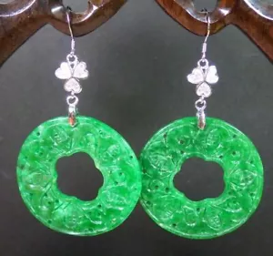 925 Sterling Silver Hook Green Jade Circle Flower 5 Bats Fortune Dangle Earrings - Picture 1 of 6