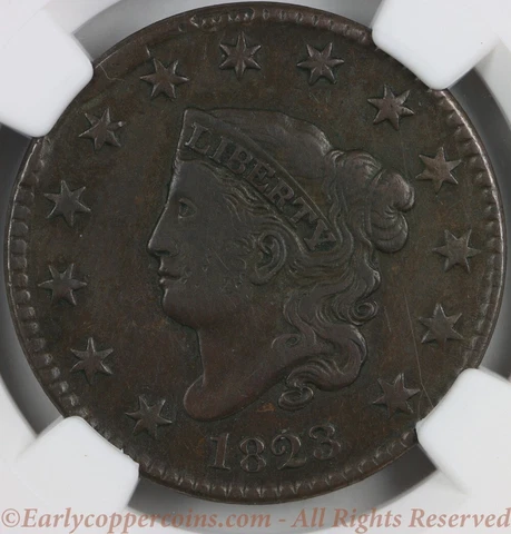 1823 N2 Coronet Large Cent Normal Date R2 NGC EF Details NICE LDS Cuds Cover