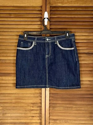 Earl Jeans NWOT Dark Denim Thick Stitch Mini Skirt Sz 8 Flap Pockets Rhinestone - Image 1 of 4