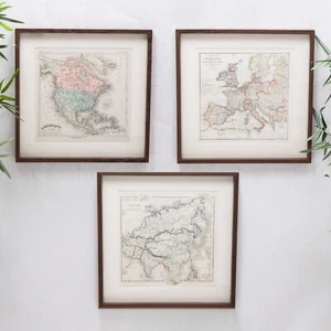 Wood Framed Maps Vintage Antique World Wall Prints Asia, Europe Americas Set of3 - Picture 1 of 5