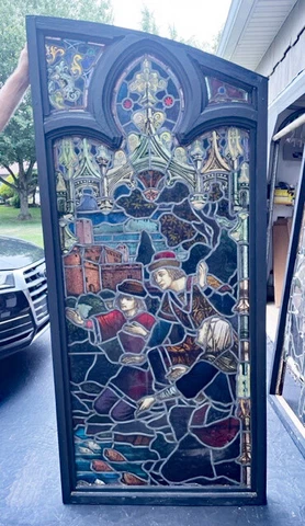 antique STAINED LEADED GLASS ARCHED CHURCH WINDOW *METTLER -MUNICH* Cover