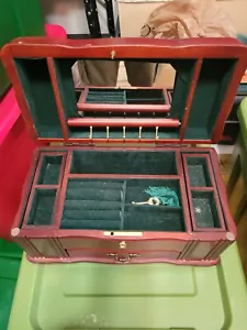 Large Wood Dresser Top Jewelry Box Mirror Armoire Drawers W/Hooks - Picture 1 of 4