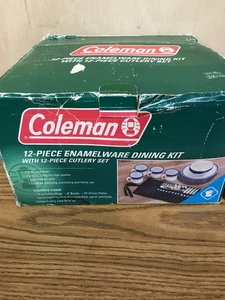Coleman 12-teiliges blau gestreiftes Emaillegeschirr Ess-/Campingset Schüssel Kaffeetassen - Bild 1 von 6