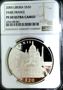 Liberia 2000 Paris France 999 Silver $20 NGC PR69 Proof Africa African - Picture 1 of 1