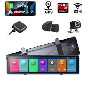12 Inch 3 Channel Dash Cam Carplay & Android Auto 2.5K wifi GPS Rearview Mirror - Picture 1 of 15