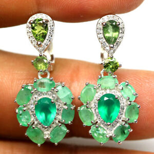 Unheated Green Emerald, Agate, Tourmaline & Cubic Zirconia Earrings 925 Silver 