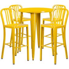 Flash Commercial 30" Round Yellow Metal Bar Table Set & 4 Vertical Slat Stools