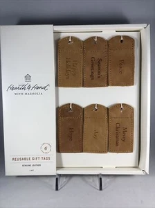 Hearth and Hand Magnolia Christmas 6 Reusable Gift Topper Tags Tan Leather - NEW - Picture 1 of 3