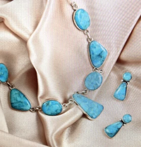 Natural Kingman Turquoise Earrings and Necklace 18In Sterling Silver 32.8 Grams - Picture 1 of 9
