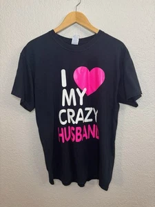 Camiseta Negra con Letras Blancas y Rosa I ❤ My Crazy Husband Talla L - Imagen 1 de 8