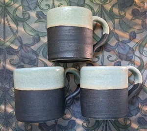 3x Handmade Pottery Coffee Mugs Black & Green Clay Signed Used - Picture 1 of 6