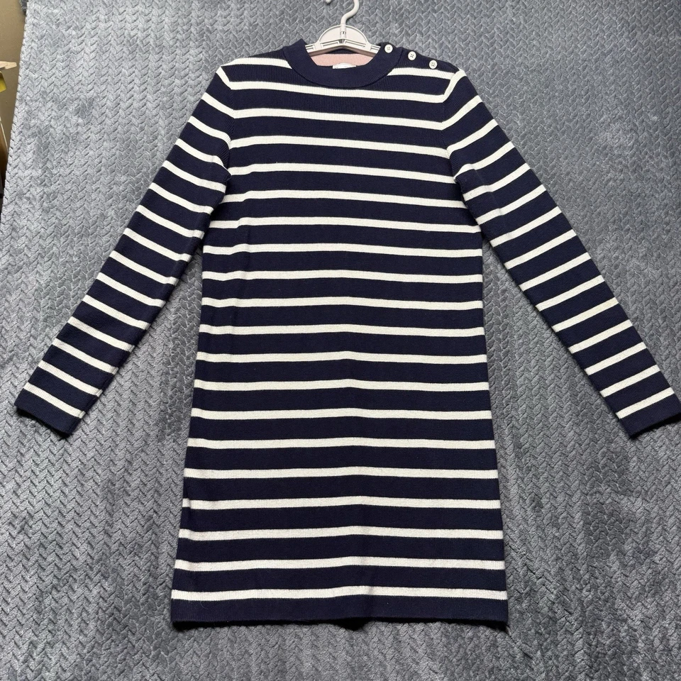 Vestido Suéter Gap M Azul Marino Crema Rayas Pullover Botón Hombro Algodón Cachemira Foto 1 de 4