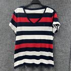 Tommy Hilfiger Women 2XL Shirt Cotton Striped V Neck Knit Pullover Top Red Blue