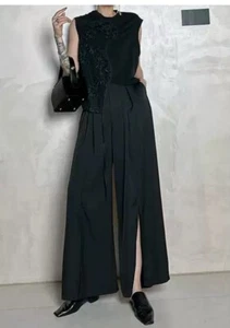 Black Slit Wide-Leg Pants | Slim-Fit Straight-Leg | Summer New Style - Picture 1 of 13