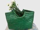 Green Handcrafted Woven Leather Tote Bag, Full Grain Leather Hand Woven Triple J