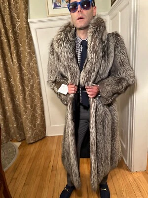 New! 45" Long Mens Gray Silver Fox Real Fur Jacket Car Coat Size 36R Extra Small - Image 1 of 4