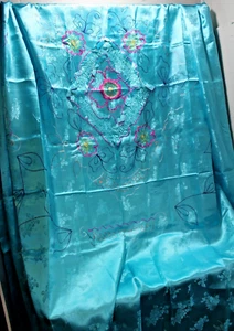 Vtg Bedspread/Coverlet & Pillow Shams Embroidered Turquoise Floral Bright - Picture 1 of 14