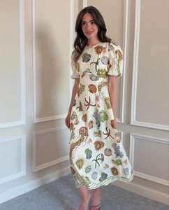 Alemais Dress AU 8 US 4 Sea Midi Linen Puff Sleeve Euro Summer Quiet Luxury BNWT - Picture 1 of 11