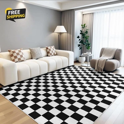 Alfombra a Cuadros Blanco y Negro para Dormitorio, 4X6 Alfombras Lavables con Antideslizante Foto 1 de 4