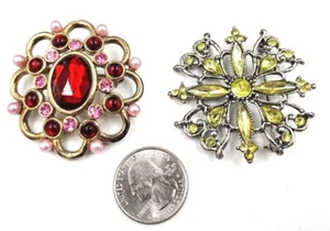  Rhinestone Flower Pin Brooch Starburst Yellow Pink Red Lot of 2 - Picture 1 of 6