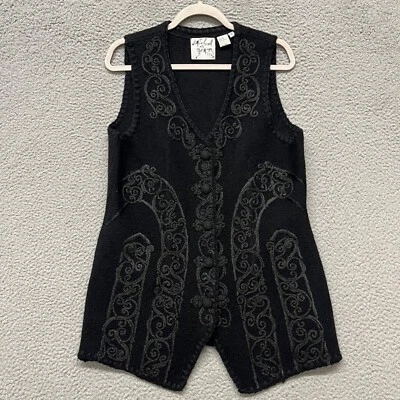 Vtg Michael Simon Vest Womens M Black Wool Scroll Embroidered Art New York - Изображение 1 из 4