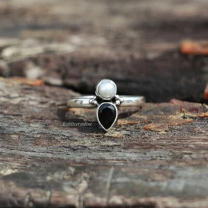 Pearl & Onyx Ring 925 Sterling Silver Statement Handmade Ring All Size SH248 - Picture 1 of 9