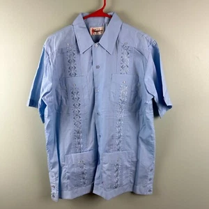 Vintage Guayabera Haband Mens Shirt LG Button Up Blue Embroidered Cuban Shirt - Picture 1 of 12