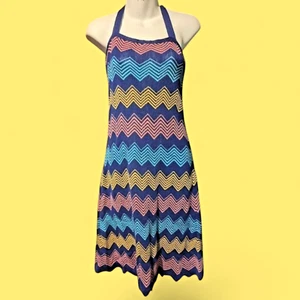 De colección Años 70 Hecho a Mano Suéter Vestido Halter Top Chevron Rayas Dobladillo Festoneado S 6H - Imagen 1 de 7