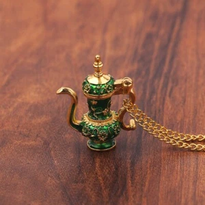Green/Gold Teapot Necklace -Tall,  Middle Eastern, Asian Style Teapot-Gold Chain - Picture 1 of 5