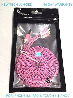 10FT LONG Flat Braided Fabric data USB Charger Cable for IPHONE X 8 7 6 PLUS 5S - Image 1 of 4
