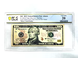 2013 $10 FRN PCGS Very Fine 20 Fancy TRUE 0/1 BINARY * STAR* Serial #MF00111010* - Picture 1 of 2