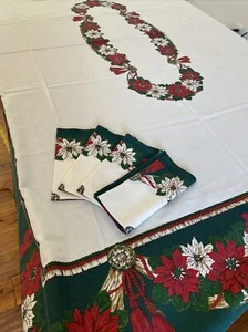 Christmas Printed tablecloth 60"x 80” Poinsettia Holly Tassels Vintage Napkins 8 - Picture 1 of 9