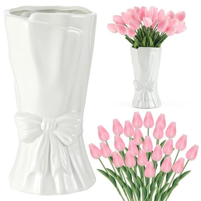 Lindo florero de cerámica con lazo con 24 piezas de flores de ramo de tulipán sintético para madre enfermera... Foto 1 de 4