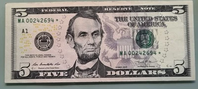 2013 Five Dollar Federal Reserve Note $5 STAR NOTE Circulated #96475 - Image 1 of 2