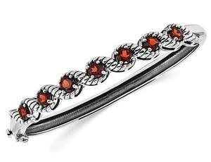 Sterling Silver Rhodium Plated Garnet Hinged Bangle Bracelet - Picture 1 of 4