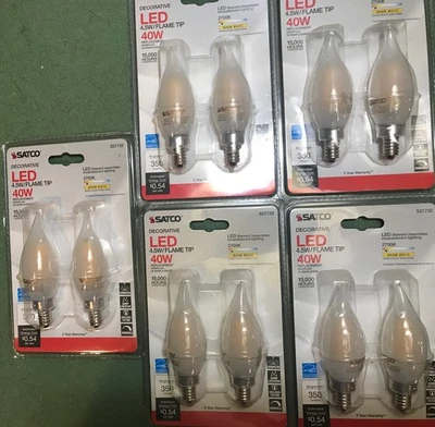 10- Satco LED Bulbs Flame Tip Clear,dimmable,Candelabra Base 40W(4.5),350 Lumen - Image 1 of 4