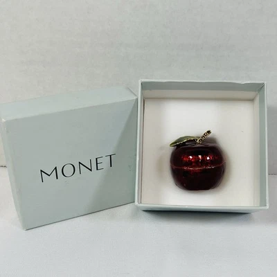 Vintage Monet Enamel Metal Apple Trinket Pill Box Red Gold Tone Magnetic Closure - Image 1 of 4