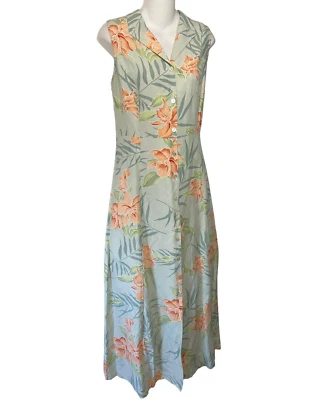 Vintage Tommy Bahama Dress Size Medium Long Silk Linen Floral Button Front Maxi - Image 1 of 4