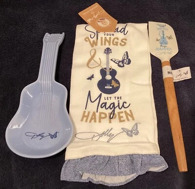 Dolly Parton Blue Kitchen Guitar Spoon Rest, Butterfly Spatula & Towel Set NEW - Image 1 of 4