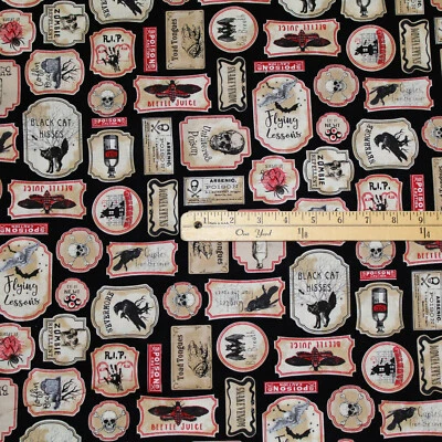 Nevermore Black Spooky Labels Crow Poe Halloween Fabric   1/2 Yard    #C8637 - Image 1 of 3