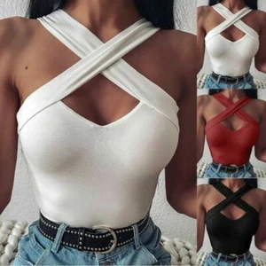 Sexy torso sin mangas cuello en V para mujer con vendaje de verano playa de playa recortada - Imagen 1 de 16