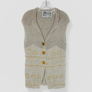 Gilet vintage Martha Abraham all'uncinetto perline in legno taglia grande marrone boho western anni 90 - Foto 1 di 9