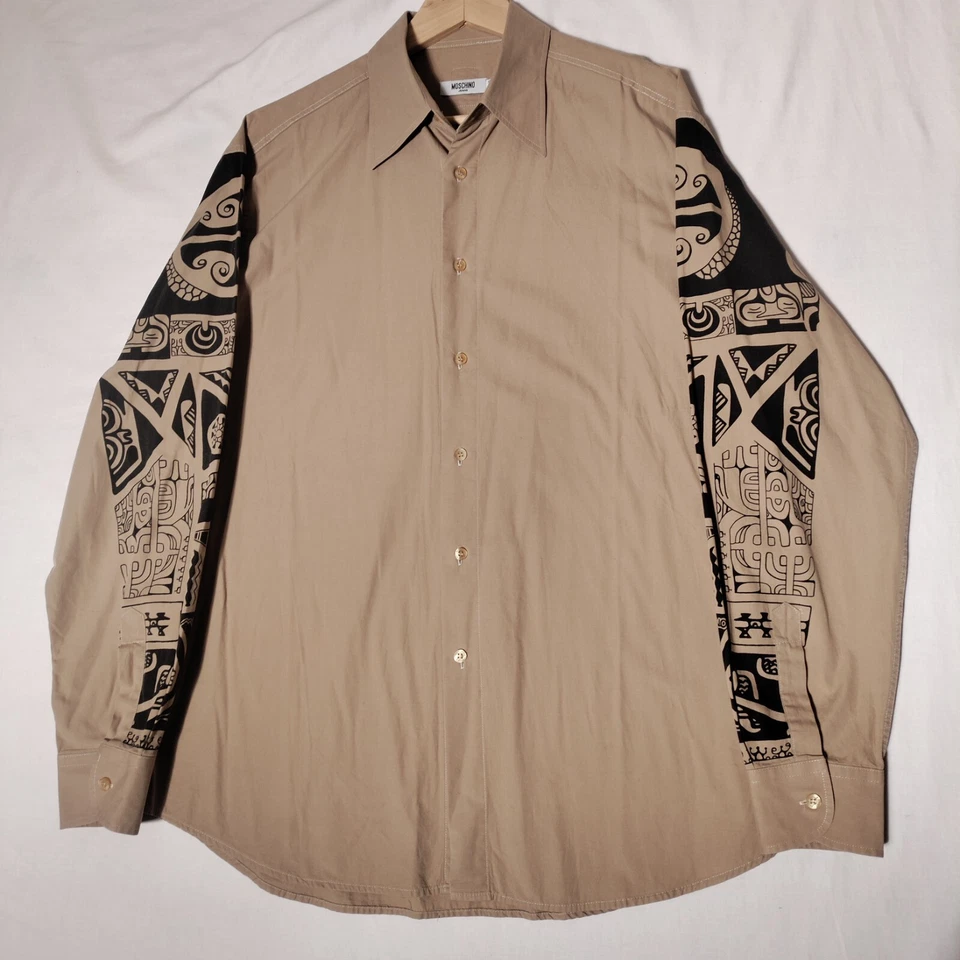 Vintage MOSCHINO Jeans Button Front Shirt Sz XL  Tan Tiki Print Sleeves Italy - Image 1 of 4